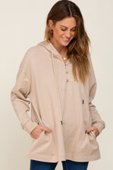 Beige Button Front Hooded Top