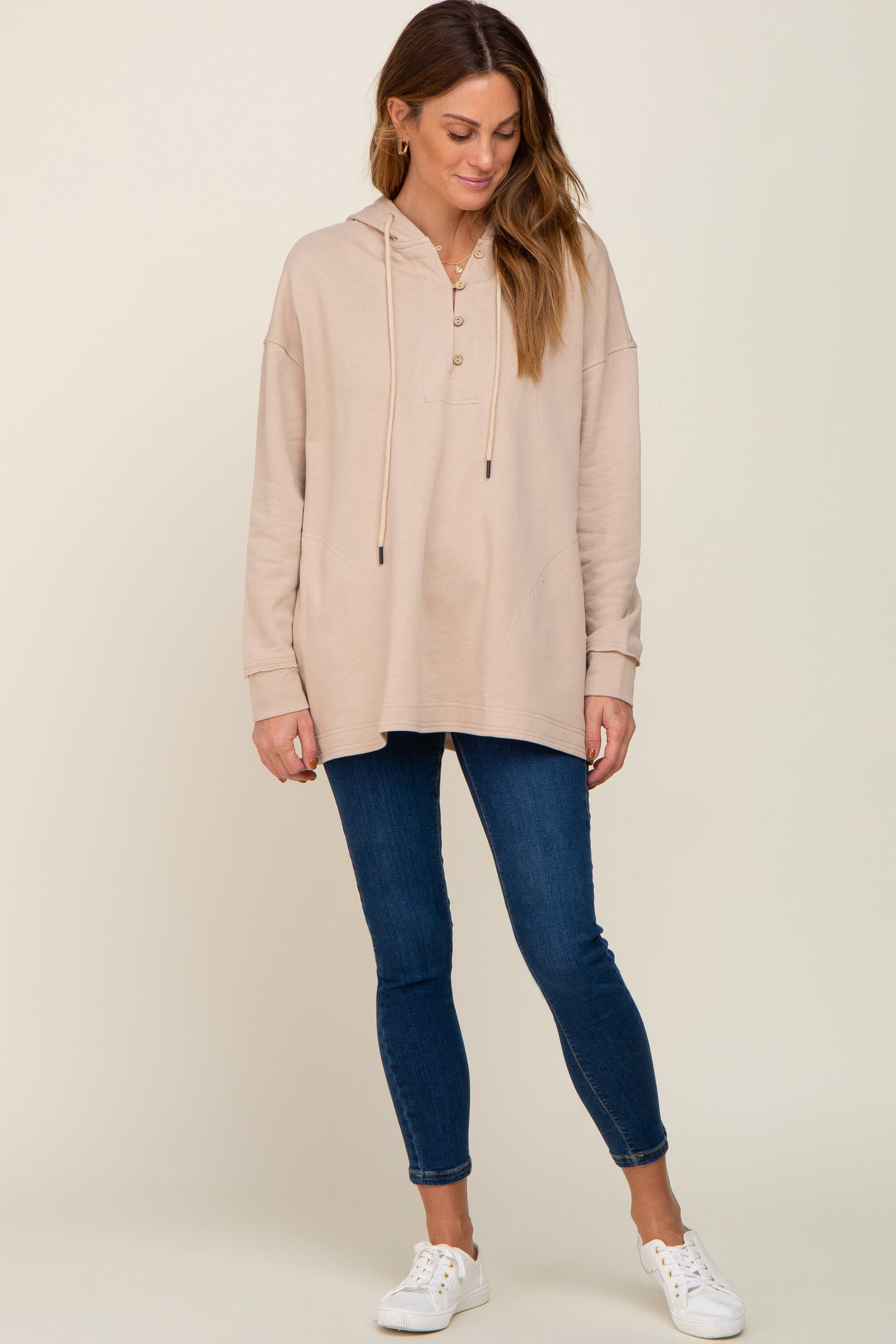 Beige Button Front Hooded Top