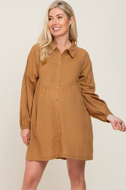 Camel Button Down Maternity Mini Dress