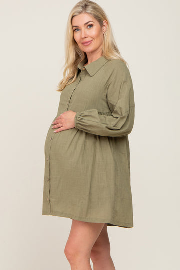 Olive Button Down Maternity Mini Dress