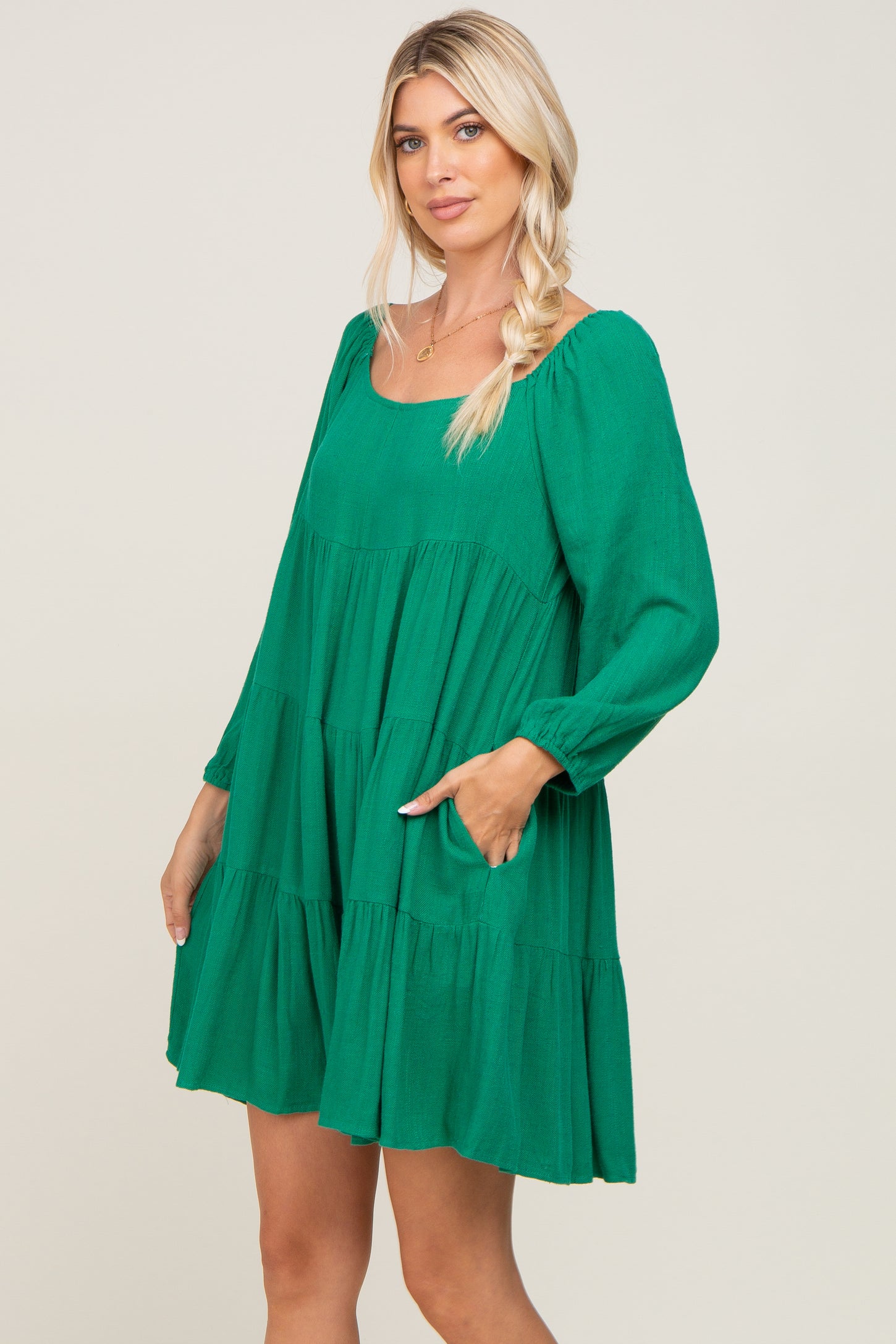 Green Tiered Long Sleeve Plus Dress