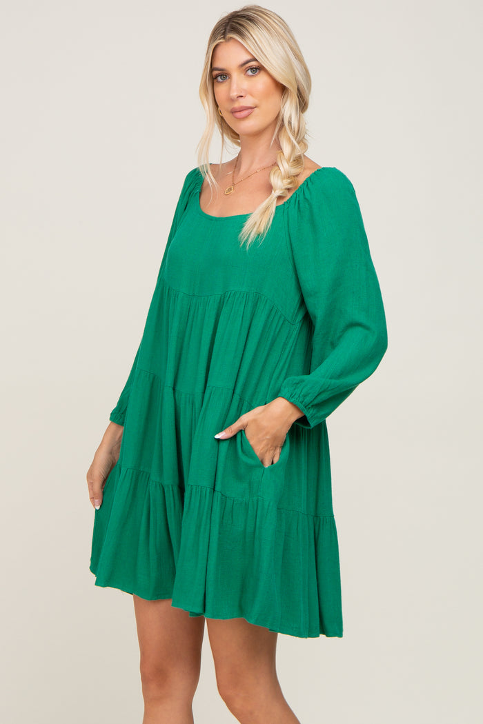 Green Tiered Long Sleeve Plus Dress
