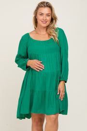 Green Tiered Long Sleeve Maternity Plus Dress