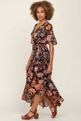 Black Floral Chiffon Wrap Maxi Dress