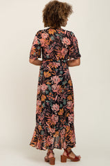 Black Floral Chiffon Wrap Maxi Dress