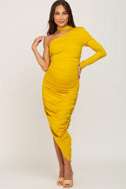 Yellow Asymmetric Maternity Ruched Fitted Dress