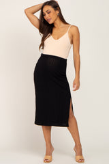 Black Soft Knit Ribbed Side Slit Maternity Midi Skirt