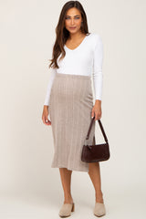 Taupe Soft Knit Ribbed Side Slit Maternity Midi Skirt
