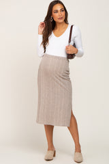 Taupe Soft Knit Ribbed Side Slit Maternity Midi Skirt