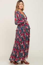 Navy Floral Chiffon Ruffle Tiered Maternity Maxi Dress
