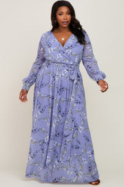 Periwinkle Floral Chiffon Long Sleeve Pleated Plus Maxi Dress