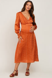 Rust Polka Dot V-Neck Satin Maternity Midi Dress