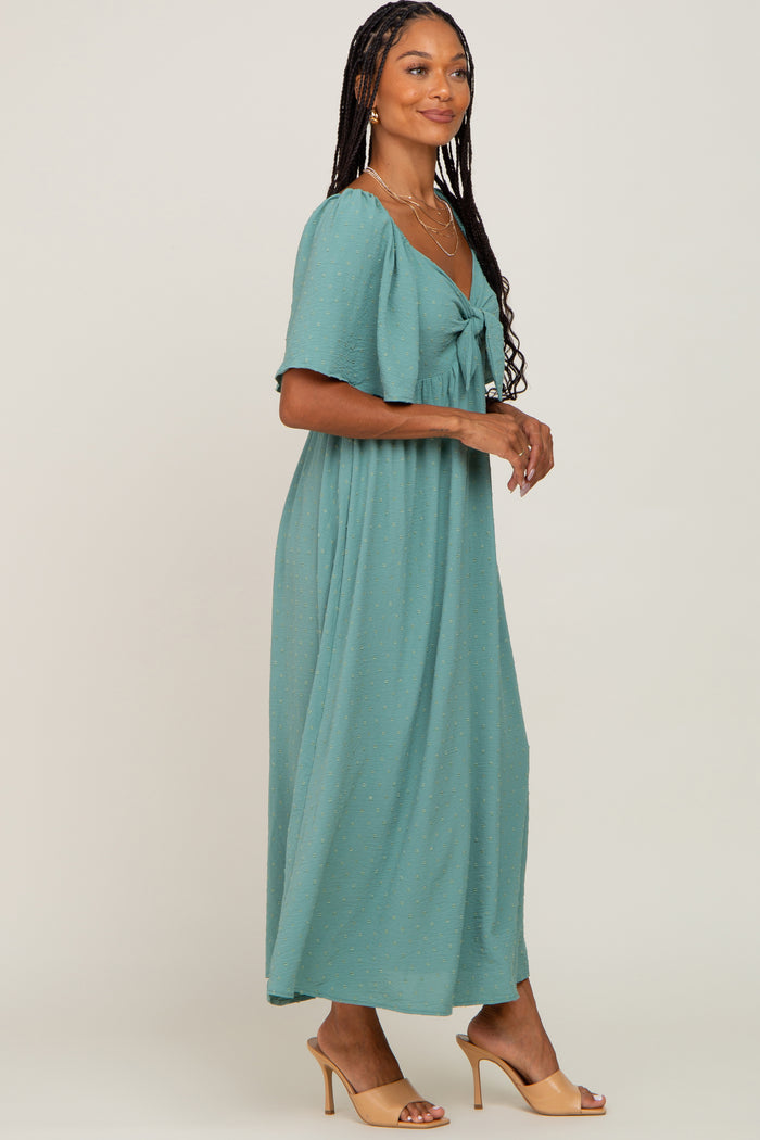 Sage Textured Dot Front Tie Ruffle Sleeve Midi Dress