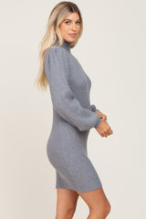 Heather Grey Mock Neck Puff Sleeve Sweater Dress