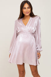 Mauve Metallic Long Sleeve V-Neck Maternity Dress