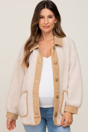 Cream Fleece Colorblock Maternity Coat