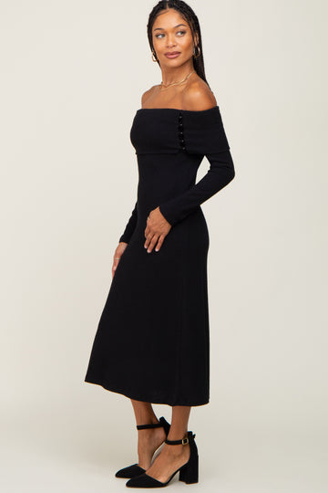 Black Ribbed Knit Foldover Off Shoulder Midi Dress