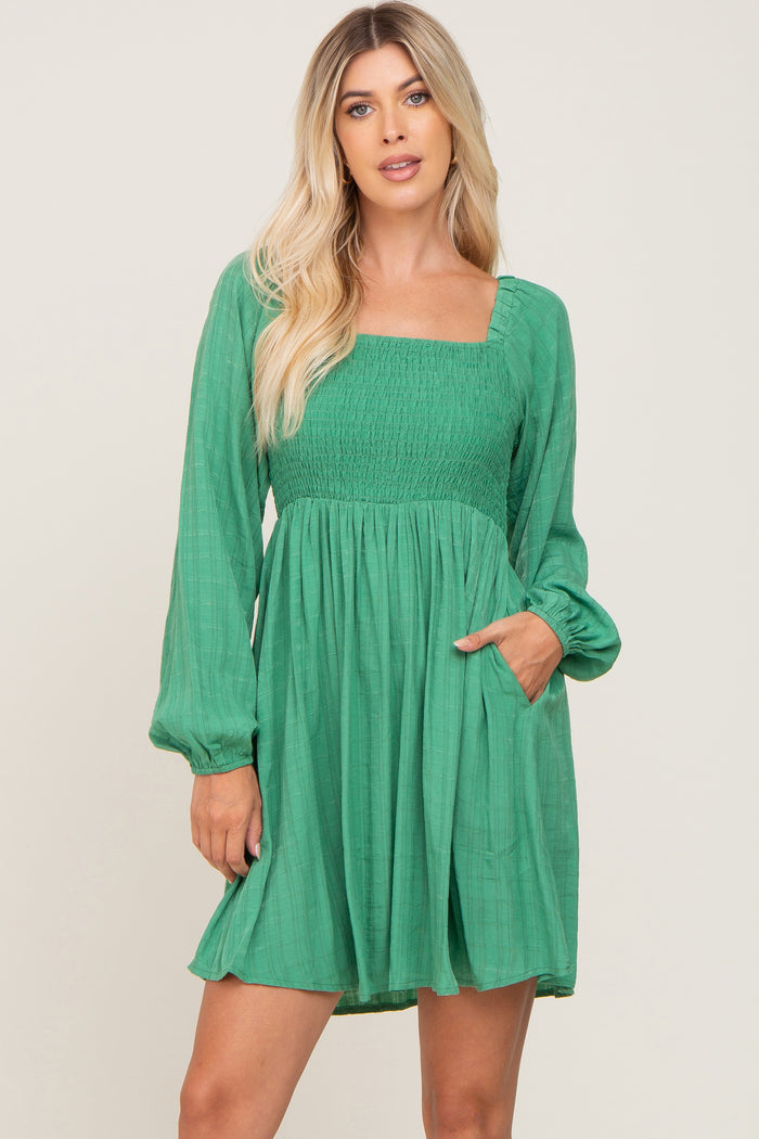 Green Smocked Long Sleeve Maternity Dress