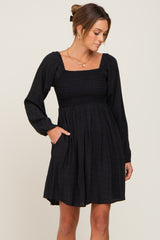 Black Smocked Long Sleeve Maternity Dress