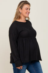 Black Waffle Knit Long Sleeve Maternity Plus Top