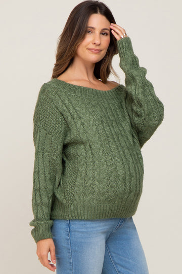 Olive Boat Neck Cable Knit Maternity Sweater