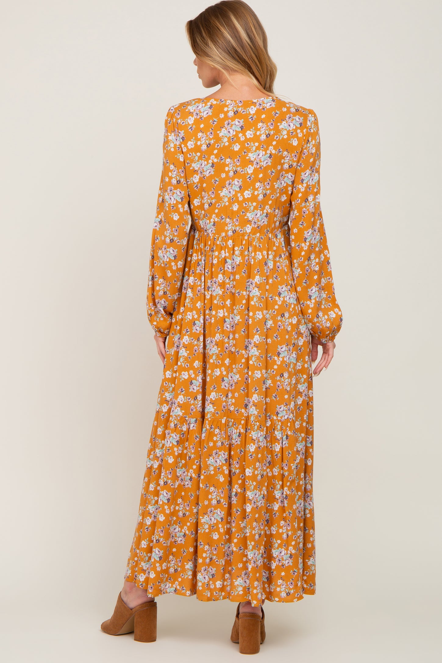 Yellow Floral Button Front Long Sleeve Maxi Dress