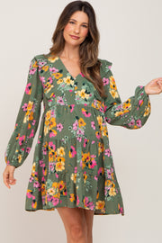 Green Floral Ruffle Accent Long Sleeve Maternity Dress