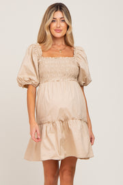 Beige Smocked Ruffle Accent Puff Sleeve Maternity Dress