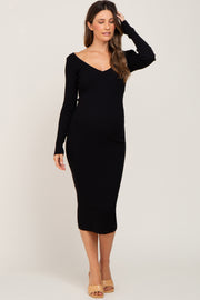 Black Knit Ribbed Maternity Midi Dress