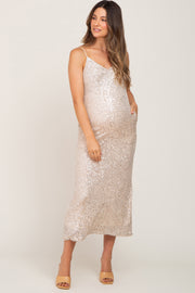 Beige V-Neck Sequin Maternity Midi Dress