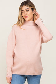 Light Pink Button Accent Turtleneck Maternity Sweater