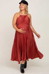 Rust Pleated Sleeveless Waist Tie Maternity Plus Maxi Dress