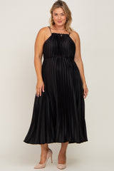 Black Pleated Sleeveless Waist Tie Maternity Plus Maxi Dress