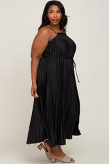 Black Pleated Sleeveless Waist Tie Plus Maxi Dress