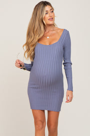 Blue Ribbed Fitted Maternity Mini Dress