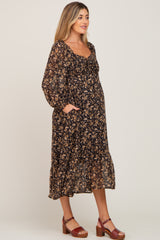 Black Floral Chiffon Ruffle Maternity Maxi Dress