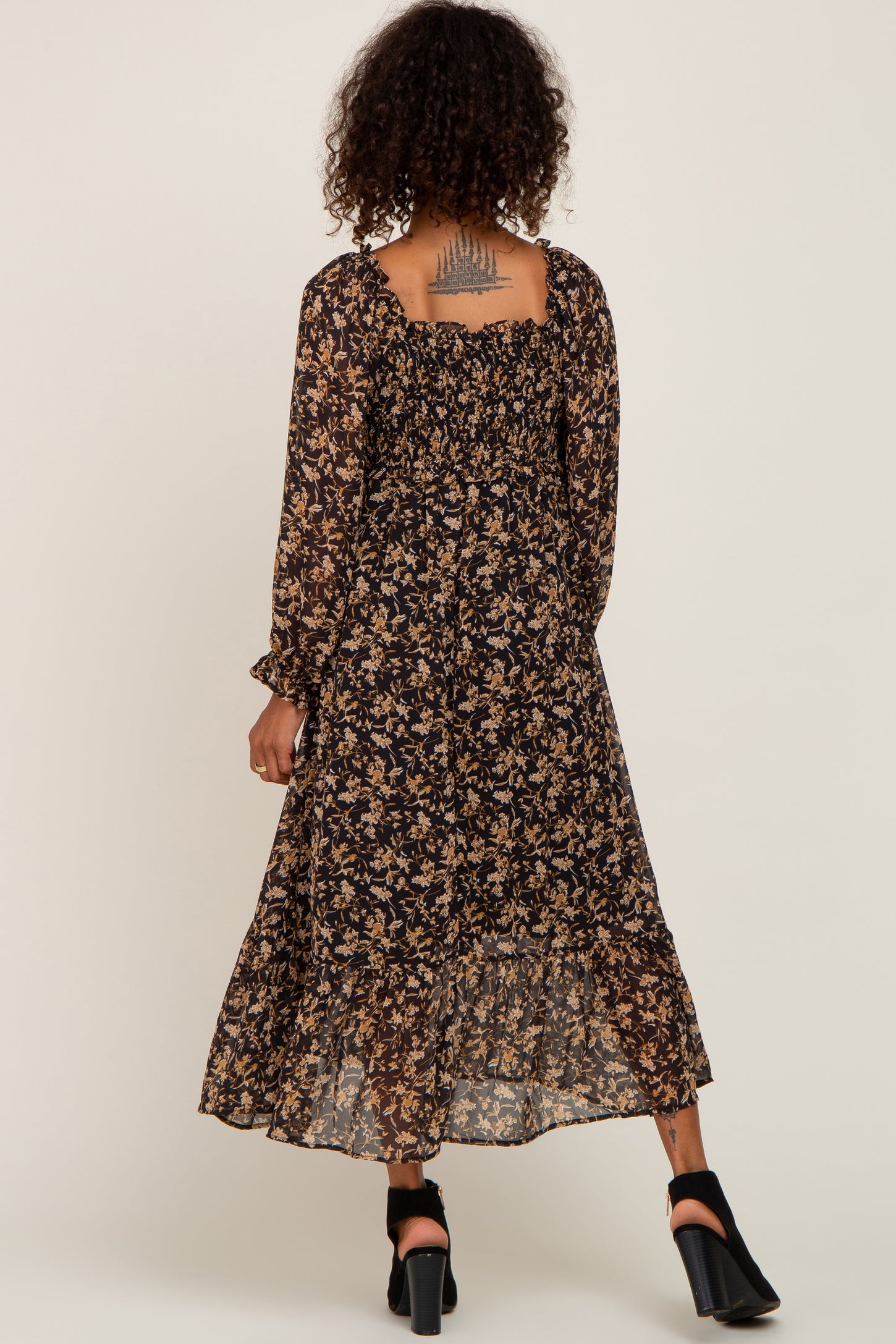 Black Floral Chiffon Ruffle Maxi Dress