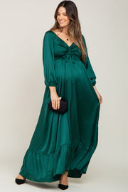 Forest Green Smocked Off Shoulder Satin Maternity Maxi Dress