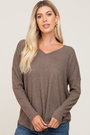 Brown Brushed Knit Basic Long Sleeve Top