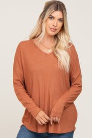 Rust Brushed Knit Basic Long Sleeve Top