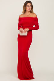 Red Metallic Off Shoulder Long Sleeve Maxi Dress