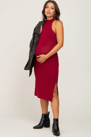 Burgundy High Neck Maternity Midi Dress