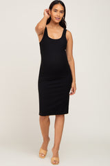 Black Rib Knit Side Slit Maternity Midi Dress