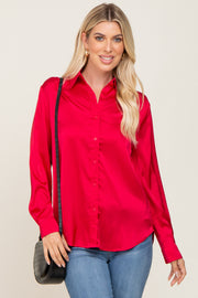 Red Satin Button Down Long Sleeve Top