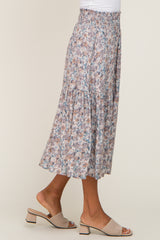 Taupe Floral Smocked Midi Skirt