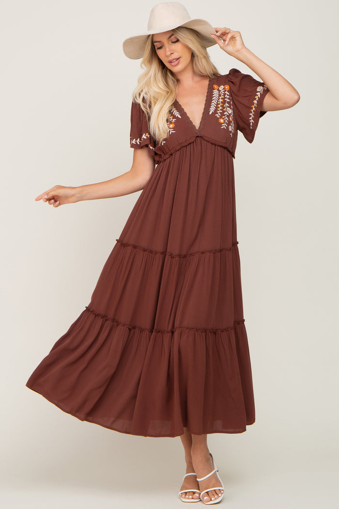 Brown Embroidered Tiered Maxi Dress