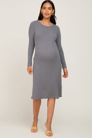 Grey Ribbed Long Sleeve Maternity Midi Dress