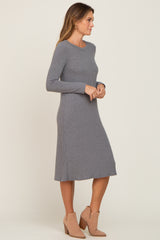 Grey Ribbed Long Sleeve Midi Dress