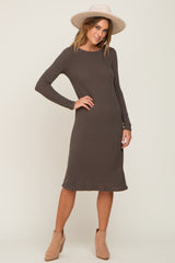 Brown Ribbed Long Sleeve Maternity Midi Dress