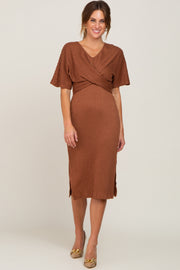 Brown Cable Knit Front Twist Midi Dress